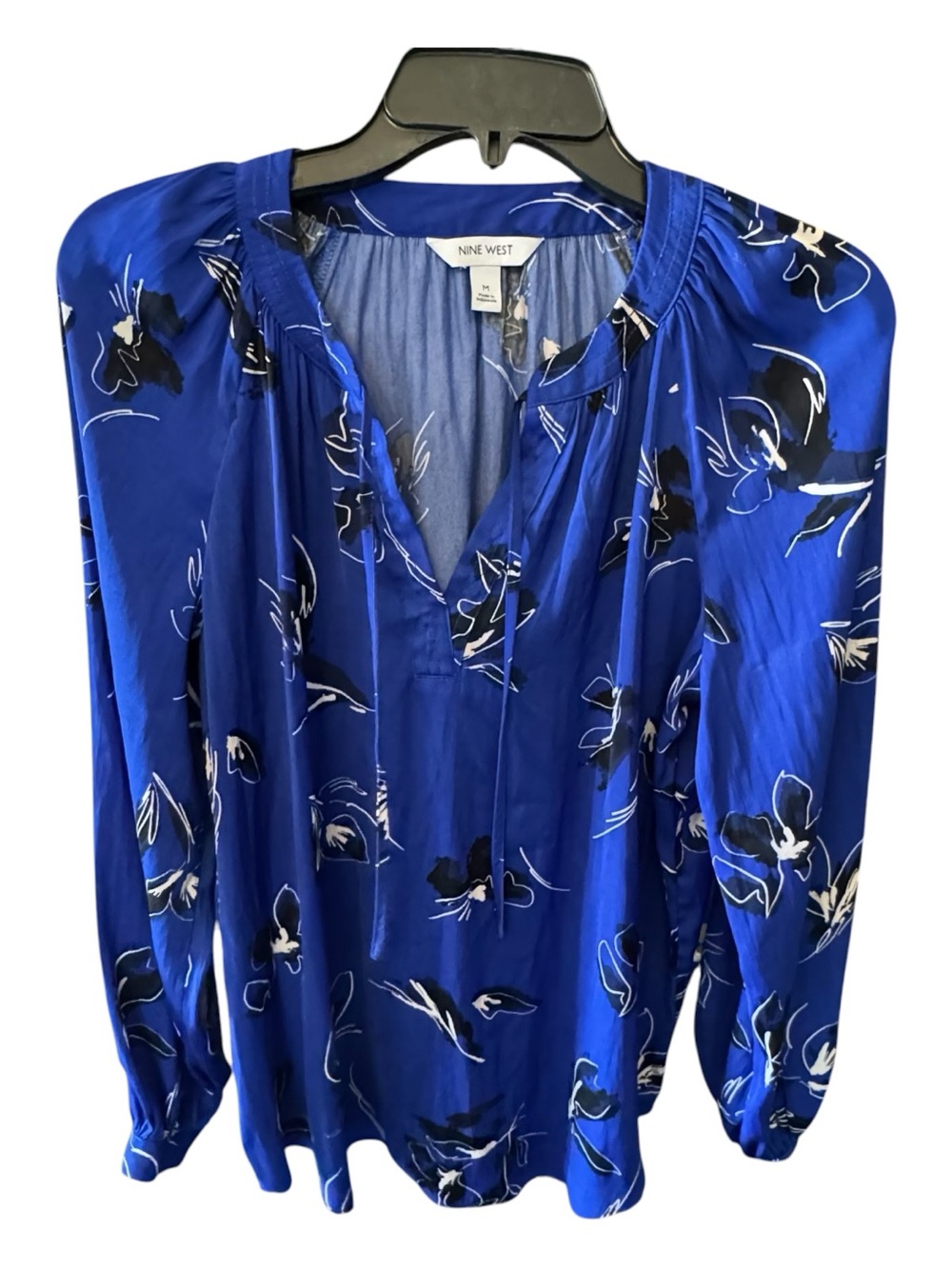 Nine West Royal Blue Floral Split-Neck Blouse
